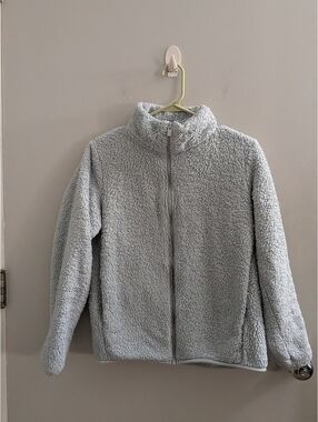 UNIQLO Blue Gray Fluffy Yarn Fleece Full Zip Teddy Sherpa Jacket Small Cozy Fluf